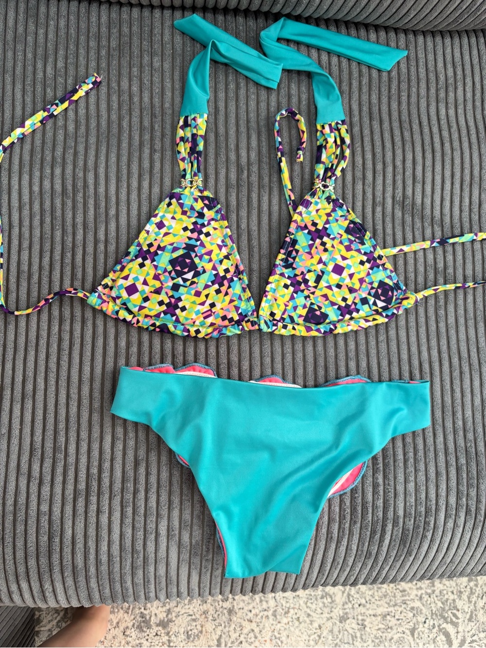 Teal & Multicolor Geometric Triangle Bikini